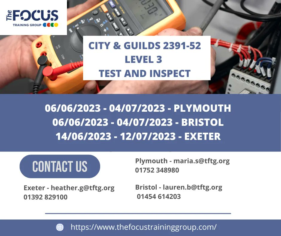 Calling electricians! Boost your skills with the City & Guilds Test and Inspect 2391-52 course at The Focus Training Group. Become an expert in electrical inspection and testing. Don't miss out! Enroll now! buff.ly/2Bz3UwP
#ElectricalTraining #TestAndInspect239152