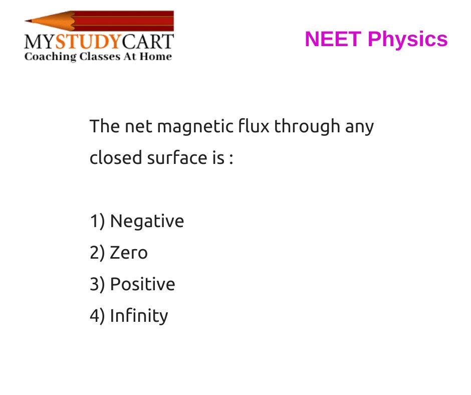 NEET Physics Question 2023

The net magnetic flux through any closed surface is :

1. Negative
2. Zero
3. Positive
4. Infinity

#neetquestions #neetphysics #neetphysicsquestion #neet2023 #neetpreviousyearquestion #neetaspirants #neet2024 #neetpreparation