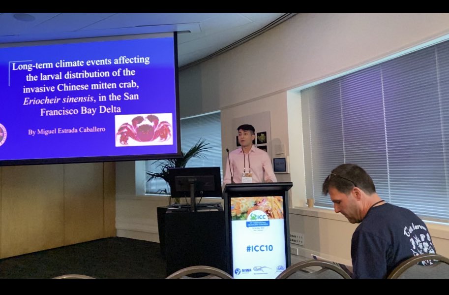 Miguel Estrada Caballero presenting environmental parameters that appear to limit Chinese mitten crab populations in San Francisco Bay #ICC10 #fresnostatebiology