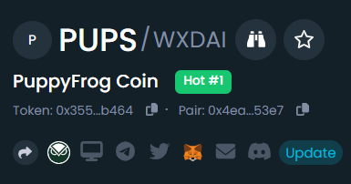 PuppyFrogCoin's tweet photo. 🚀🐶🐸PuppyFrog $PUPS has just stealth launched and we're already #1 Hot🔥 on DEXTools📈! Get ready to experience the ultimate wave of #MemeFi🎉 on #GnosisChain🌐. #puppyfrog #crypto #gnosis 

💹Chart: https://t.co/iNbZ022Dk6 https://t.co/7rii9Ip3pH