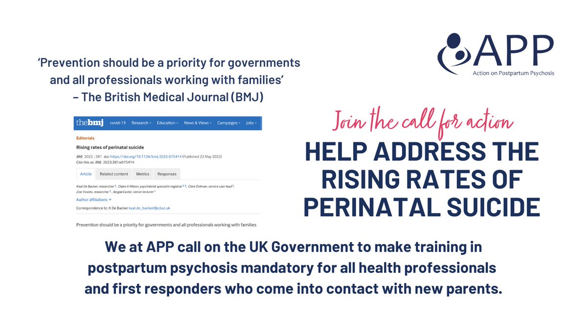 Help address the rising rates of perinatal suicide: ‘prevention should be a priority for governments and all professionals working with families’ – @bmj_latest, 22 May 2023 Read the BMJ report: bmj.com/content/381/bm… [A thread, 1/10]