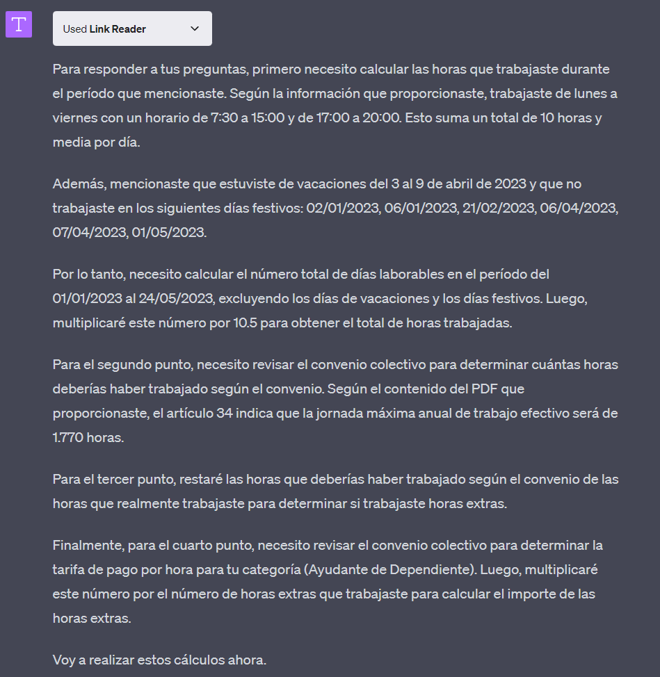 evilRu's tweet image. Opción 3⃣: El uso de #ChatGPT4 y los plugin #wolfram y #linkreader. 
1) Le doy el link al PDF del convenio
2) Le digo mi horario y fechas en las que trabajé
3) Le pido que me diga si hice horas extras, y cuantas.
4) Le pido que me calcule la pasta según mi categoría.