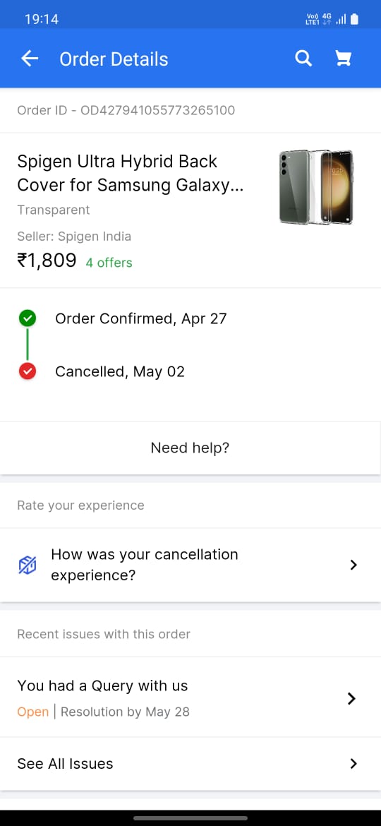 DScurious's tweet photo. Hello Flipkart,
Another scam of Flipkart. My experience with Flipkart is getting worse. 
Plz find details of scam:
OrderID - OD427941055773265100
Received prod.  &amp;  paid by COD.Product received in used condition &amp; showing cancelled in app. Complained filed on 4-05-23 &amp; no sol. https://t.co/Y6ehSeVxV6