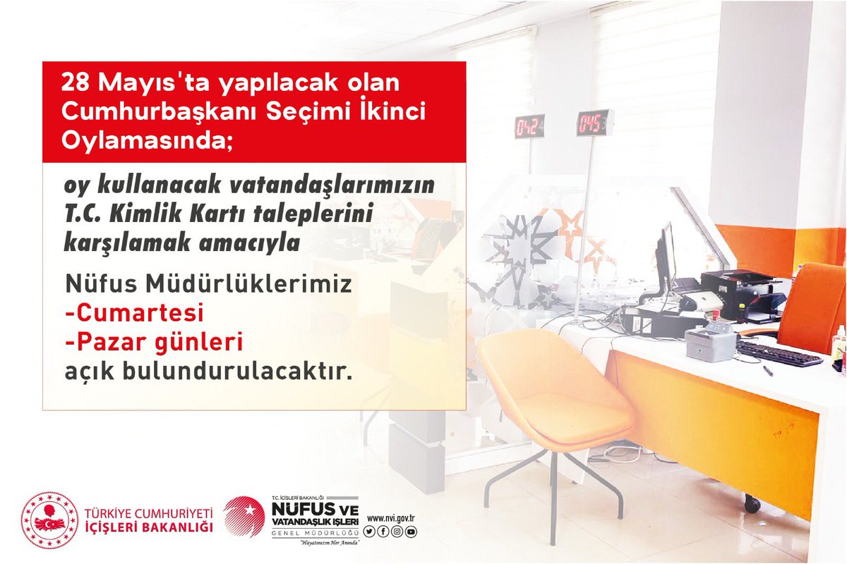 📢Cumhurbaşkanlığı Seçimi İkinci Tur Oylaması nedeniyle Müdürlüğümüz 
27 Mayıs Cumartesi ve 28 Mayıs Pazar günü saat 08.00-17.00 saatleri arasında açık olacaktır.🇹🇷✉️ #HayatınızınHerAnında 
<a href="/sefikaygol/">Şefik AYGÖL</a> 
<a href="/ersinyazici1/">Ersin YAZICI</a> 
<a href="/AyeSerapGney1/">Ayşe Serap Güney</a> 
<a href="/Volkanhulur/">Volkan Hülür</a> 
<a href="/aksekikaymakam/">Akseki Kaymakamlığı</a> 
<a href="/BeyAzTamAY/">Ayse Ceylan</a>