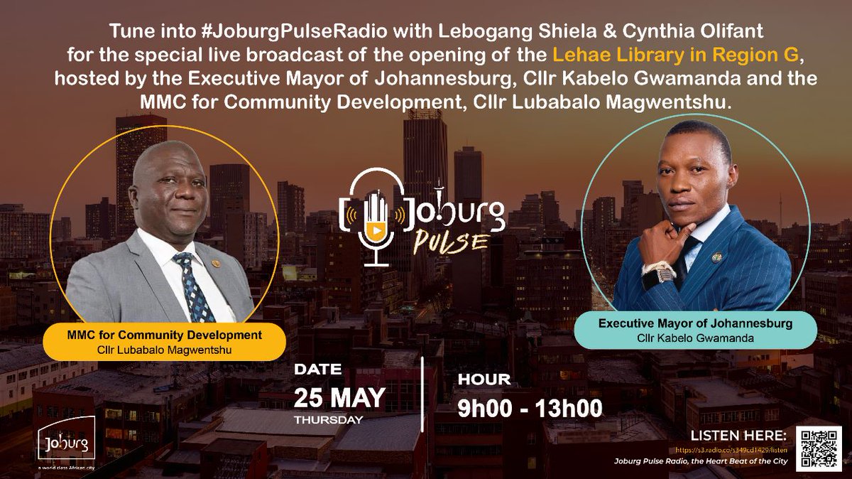 CityofJoburgZA's tweet photo. Don't miss the #JoburgPulseRadio special live broadcast from the Lehae Library in Region G this morning ππΎ
π‘TUNE IN:
https://t.co/X1KGQZ81lT #JoburgLIVE #OpeningLehaeLibrary #JoburgLibraries #KnowYourJoburg ^GZ https://t.co/LYxd9eoAX9