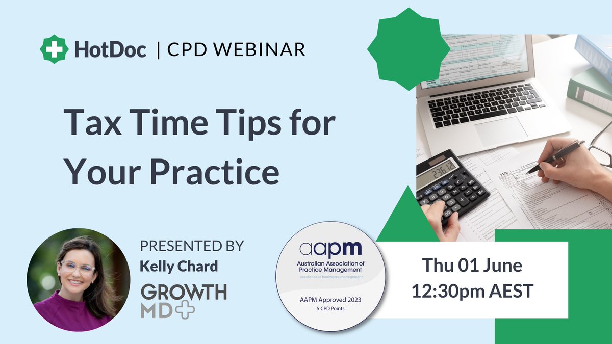 Get ready for tax time with our next CPD webinar! Tax Time Tips for Your Practice. Register your interest now to access the recording (if you can't make it!) hubs.li/Q01R76s20 #hotdoc #taxtime #australiangp #healthcare #australianhealthcare #primrarycare #growthmd #aapm