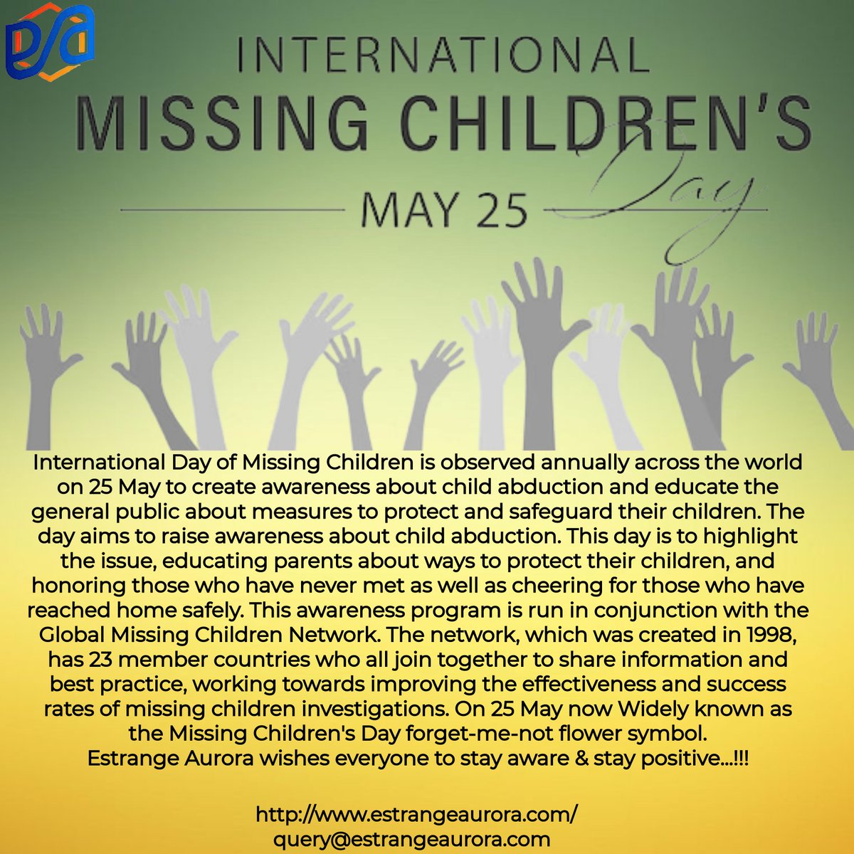 Wishing International Missing Children's Day from Estrange Aurora.

#missingchildren #missing #missingchild #missingperson #missingpersons #missingpeople #missingkids #ncmec #amberalerts #childsafety #onlinesafety #fbi #brettfletcher #reportabuse #cybertipline #EstrangeAurora