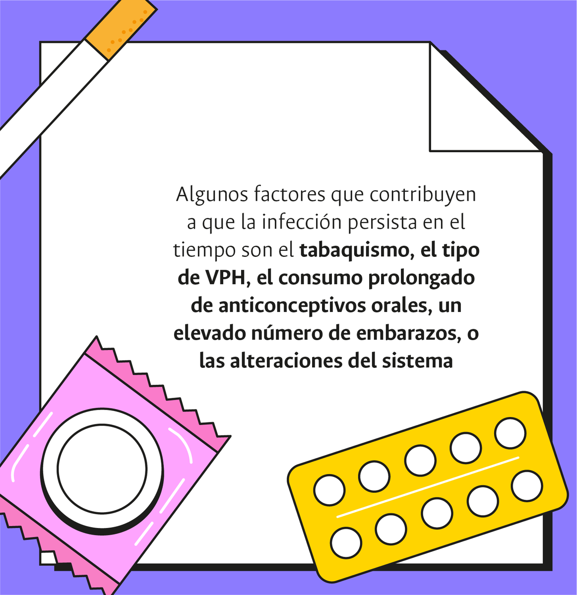 Vacunamiga's tweet photo. Hay varios factores que contribuyen a que la infección persista en el tiempo, como:

🚬 Tabaquismo.
✳️El tipo de virus.
💊El consumo prolongado de anticonceptivos orales.
🤰Elevado número de embarazos.
💂‍♀️Alteraciones del sistema inmunitario.

#VacunamigaResponde #VPH https://t.co/2q5CbMiS48