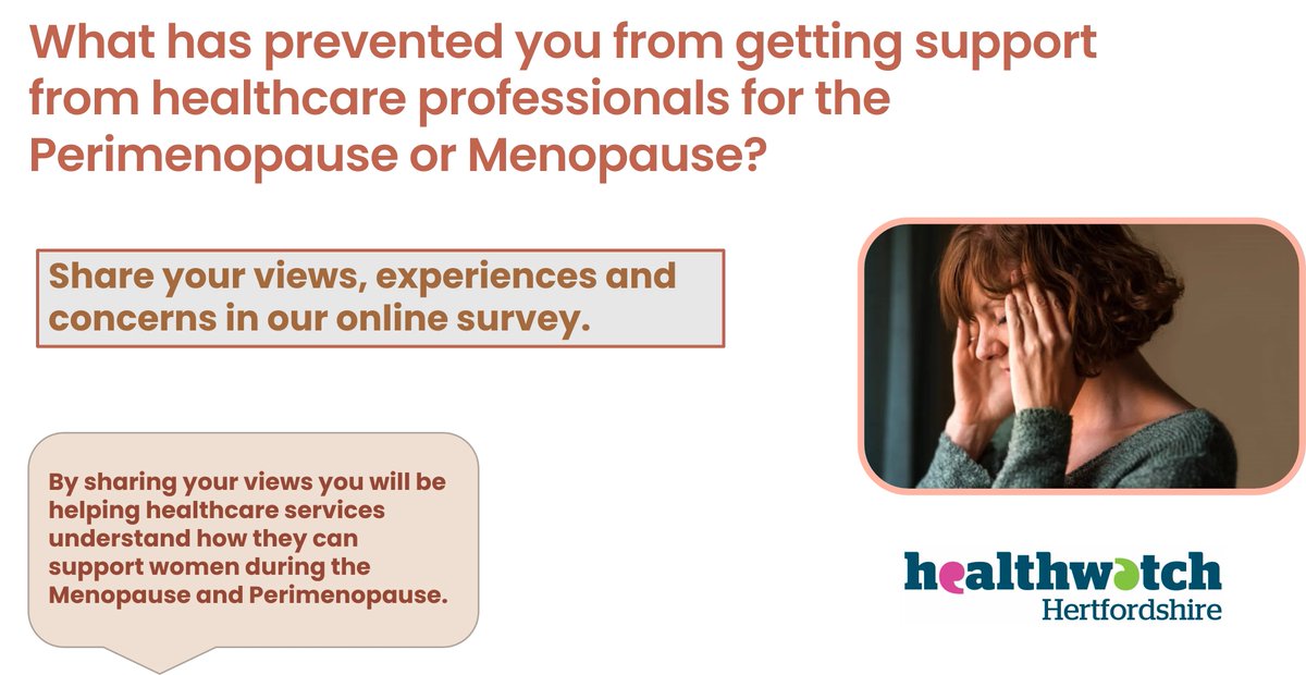 HWHertfordshire's tweet image. Are you a woman going through the #perimenopause or #menopause? 

Help healthcare services in #Hertfordshire better support women going through the #perimenopause and #menopause, by sharing your views and experiences in our online survey: buff.ly/43jHuqe
