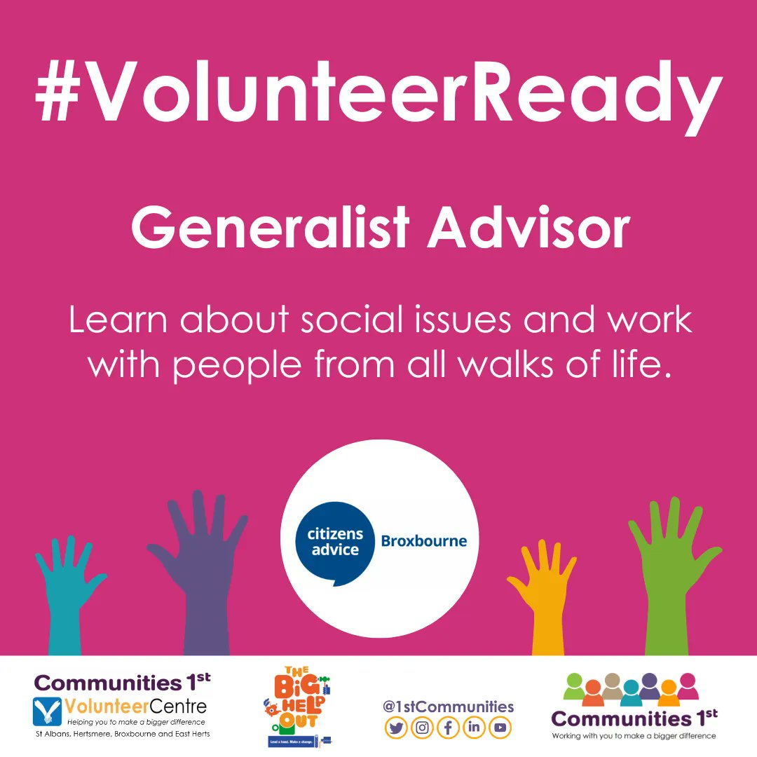 Want to volunteer in a role could increase your employability? 

The #GeneralistAdvisor role at #CitizensAdviceBroxbourne will help you build on your valuable communication, listening, and problem solving skills!

Sign up: buff.ly/420MNd8 #VolunteerReady @TheBigHelpOut23