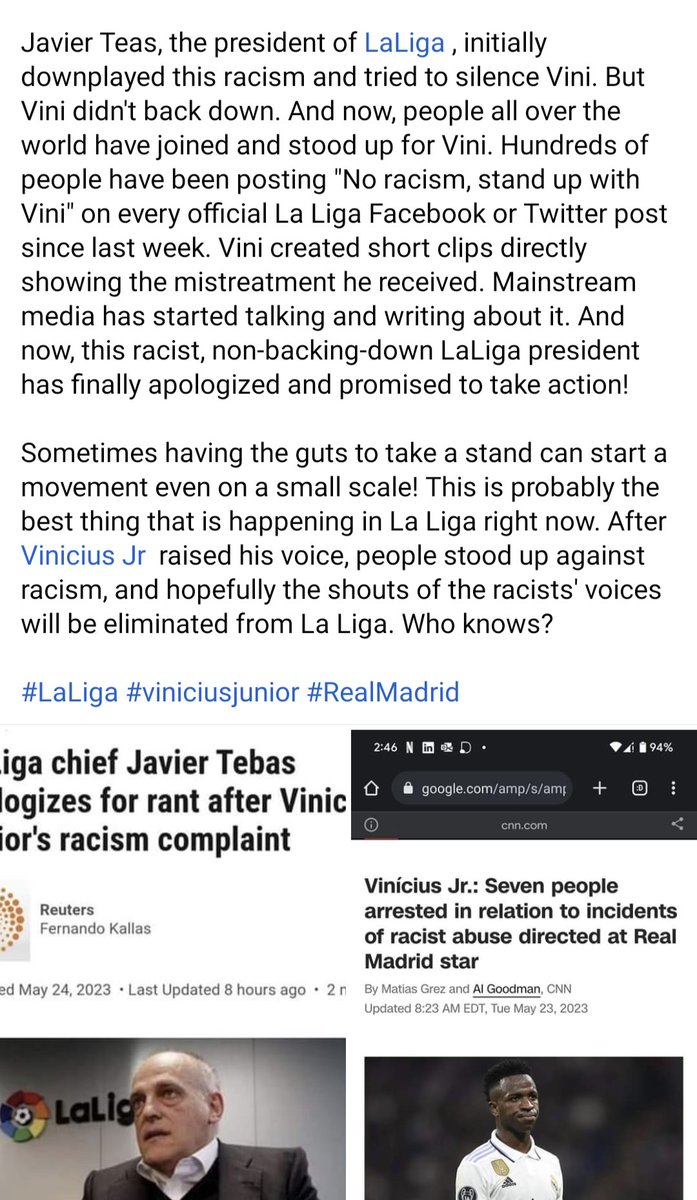 Sometimes you need to take a stand and fight for principles, regardless of the unknown consequences. Vinicius Jr. did just that a week ago; stood against racism and spoke out loudly on field; gained media attention. And now action happening!

#ViniciusJr #TogetherAgainstRacism