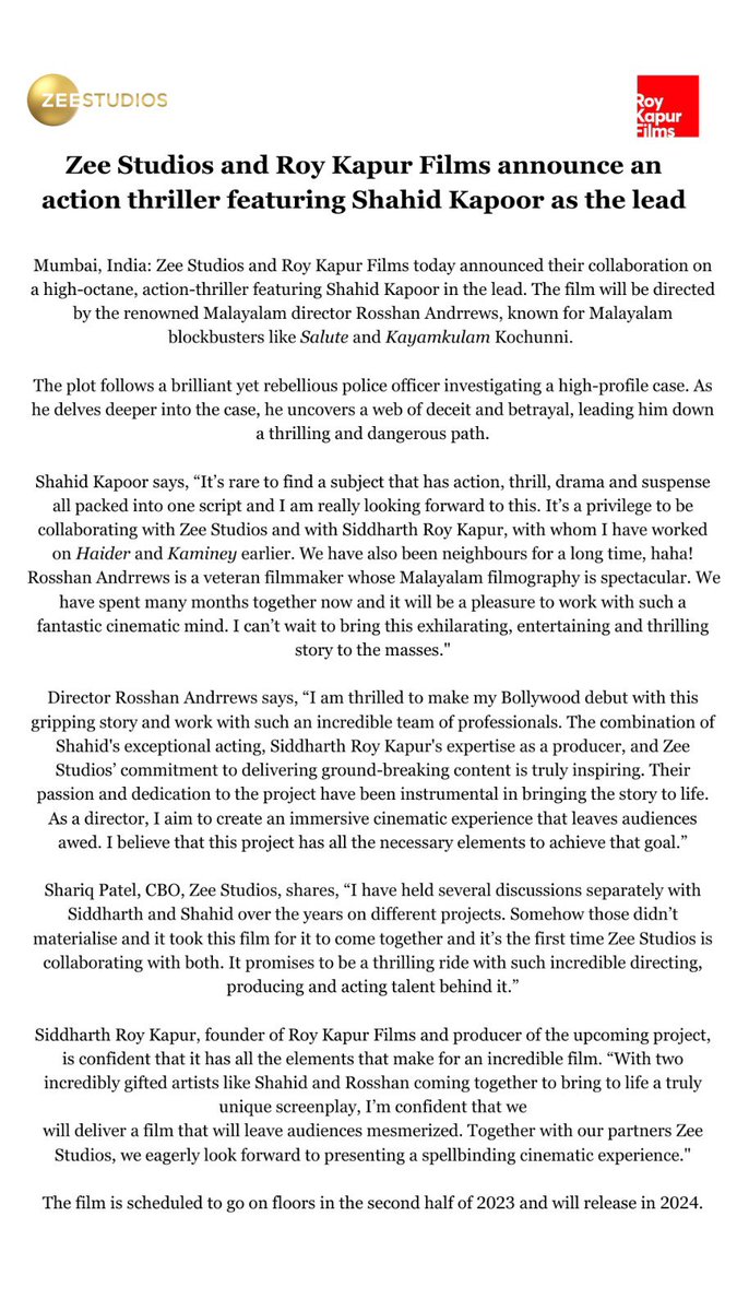 Get ready for an adrenaline-fueled ride with our thrilling action film directed by #RosshanAndrrews. I can’t wait to bring this story to life. Stay tuned for more! 💥
@ZeeStudios_ @RoyKapurFilms @ShariqPatel #SiddharthRoyKapur #ZeeStudios #RoyKapurFilms