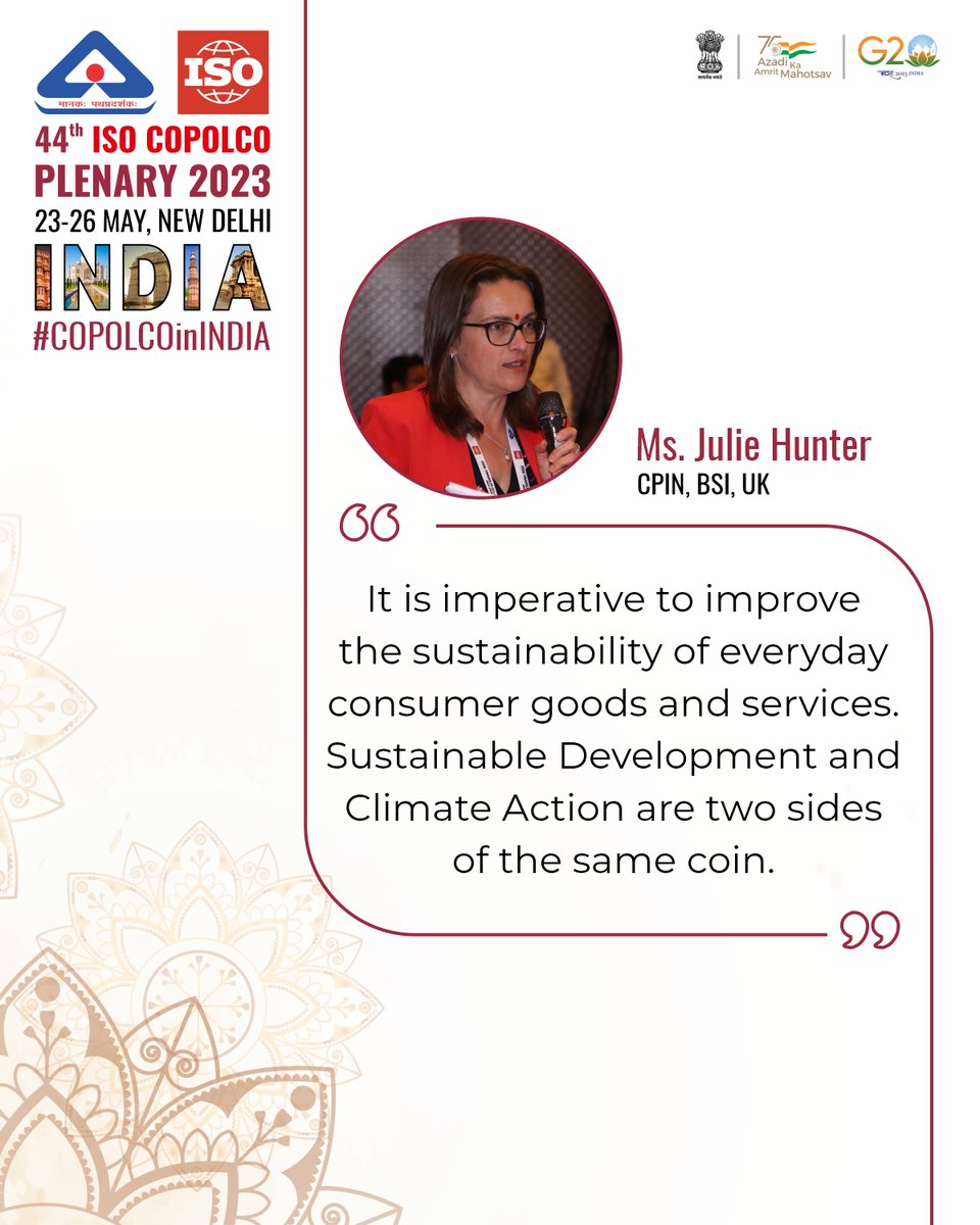 Julie Hunter, CPIN, BSI, UK stressed upon improving the sustainability of everyday consumer goods and services.

 #44thCOPOLCO #COPOLCO23 #COPOLCOinINDIA #COPOLCO

<a href="/ConsumerJulie/">Julie Hunter</a> <a href="/BSI_UK/">BSI UK</a> <a href="/isostandards/">ISO</a> <a href="/ISOConsumers/">ISO Consumers</a> <a href="/Consumers_Int/">Consumers International</a>