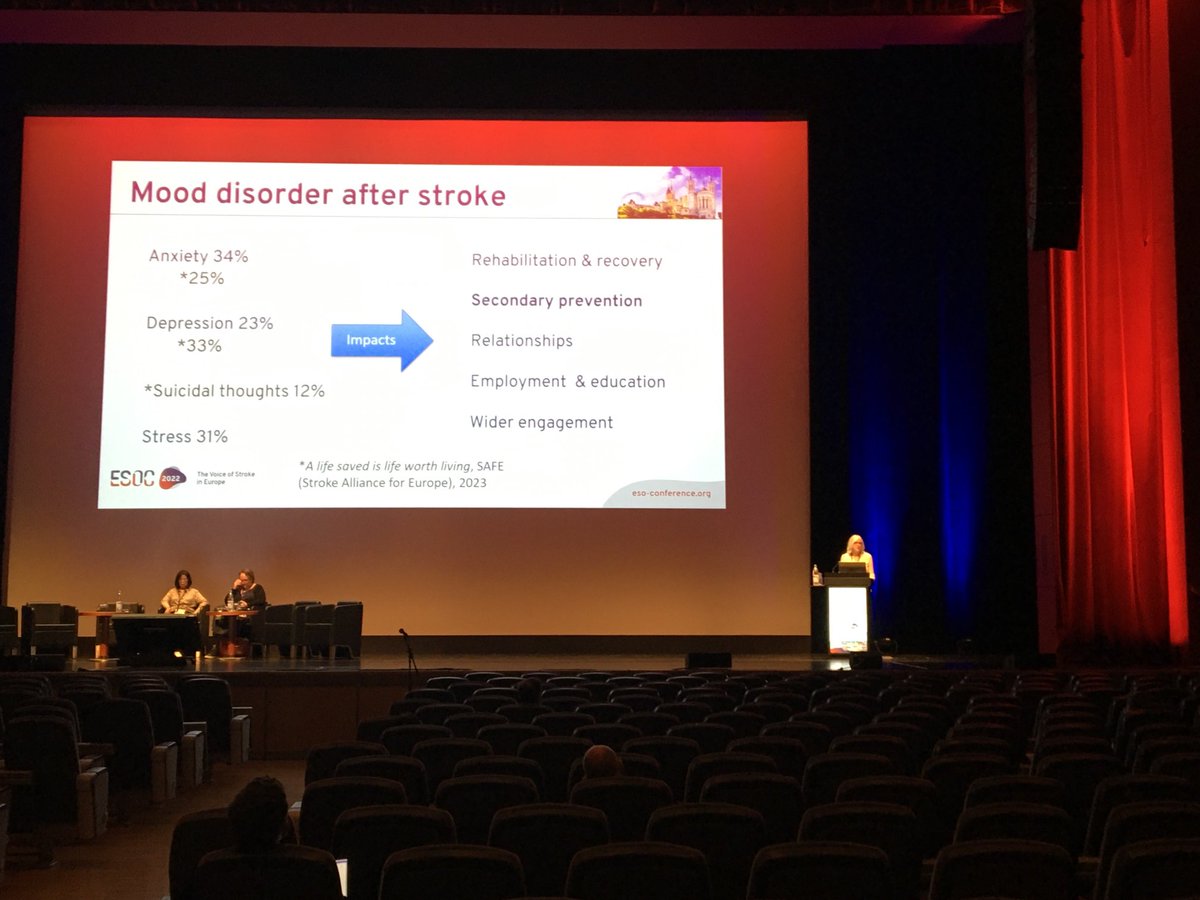 Maggie Lawrence from ⁦@HeadsUpStroke⁩ ⁦@INSsPIRE_stroke⁩ takes the stage @esoc2023 to tell us results of a trial helping to ease anxiety and depression after stroke