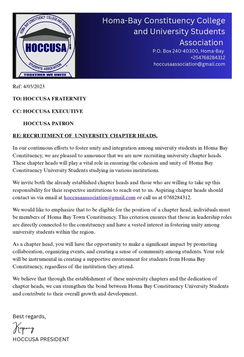 TownStudents's tweet photo. In our continuous efforts to foster unity and integration among university students in Homa Bay Constituency, we're pleased to announce that we are now recruiting university chapter heads. The heads will be instrumental in ensuring unity of HTC comrades in different universities https://t.co/h329v5IdYi