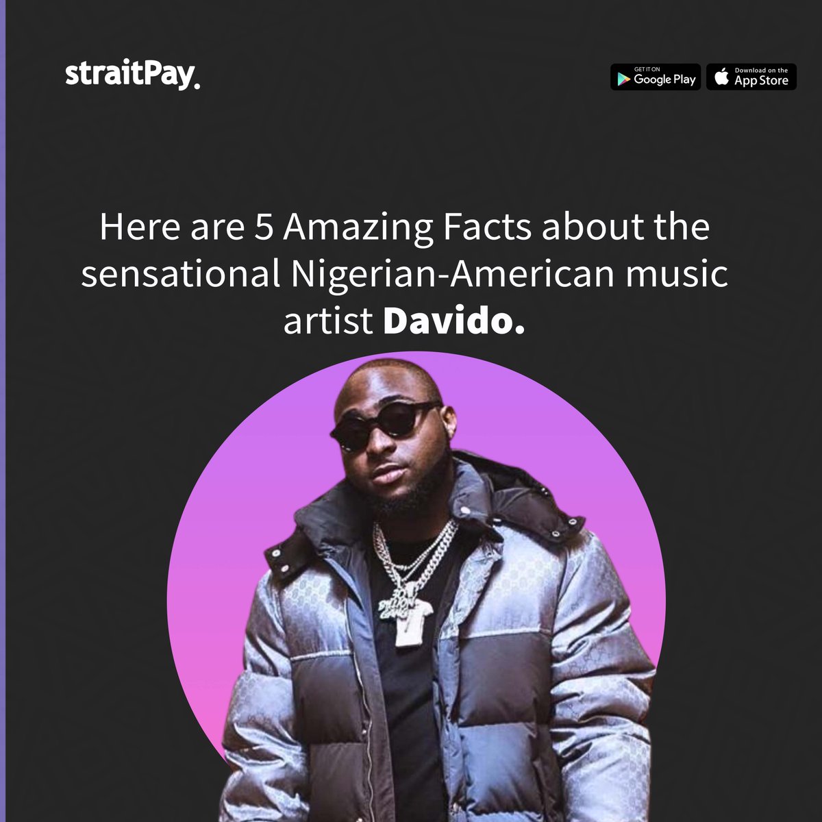 straitpay's tweet photo. The straitStar for the week is @davido. Here are 5 Facts about the electrifying artist.
#straitpay #africa #davido #timeless #music https://t.co/NQhAeKez9T