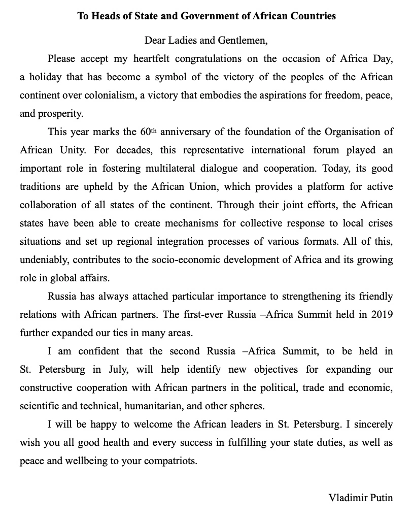 RusEmbEthiopia's tweet photo. ✍️ President of Russia Vladimir Putin's Congratulatory Message on the 60th Anniversary of Africa Day (May 25, 2023): https://t.co/6asAY5iHGz