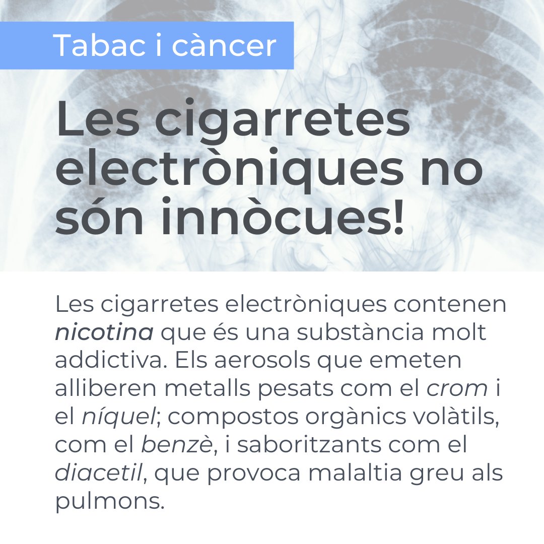 ICO_oncologia's tweet image. Les #cigarretes #electroniques no són una alternativa per deixar de fumar, no són innòcues i mantenen l’addicció a la nicotina.​
Et recomanem deixar de consumir qualsevol producte del #tabac i t&apos;oferim una consulta amb infermeres especialitzades que et poden ajudar. Contacta&apos;ns!