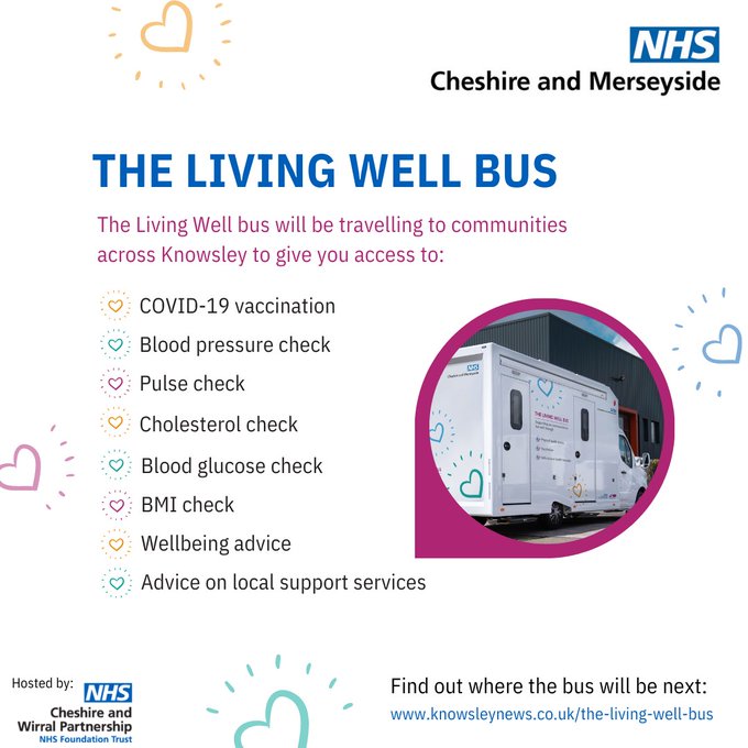 Photo of living well bus and a list of free checks available.