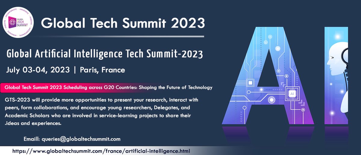 globaltech2023's tweet image. We invite you to join us at the Global AI Tech Summit 2023 for a unique opportunity to explore the cutting edge of AI innovation. Opportunity to connect with industry representatives and learn from real-world AI success
Visit for more info: globaltechsummit.com/france/artific…
