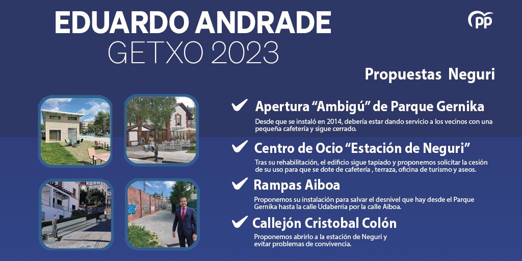 PPdeGetxo's tweet photo. Hemos diseñado un plan de mejora para cada barrio de #Getxo
Para #Neguri proponemos:
🏡Abrir un centro de Ocio en la estación de Neguri
🚶♂️Rampa mecánica en Aiboa
🏠Abrir el ambigú del parque Gernika con una cafetería o bar
🚆Abrir callejón de Cristóbal Colón con el objetivo de facilitar un acceso directo al metro
#andrade2023
#despiertagetxo
#EntreTodos