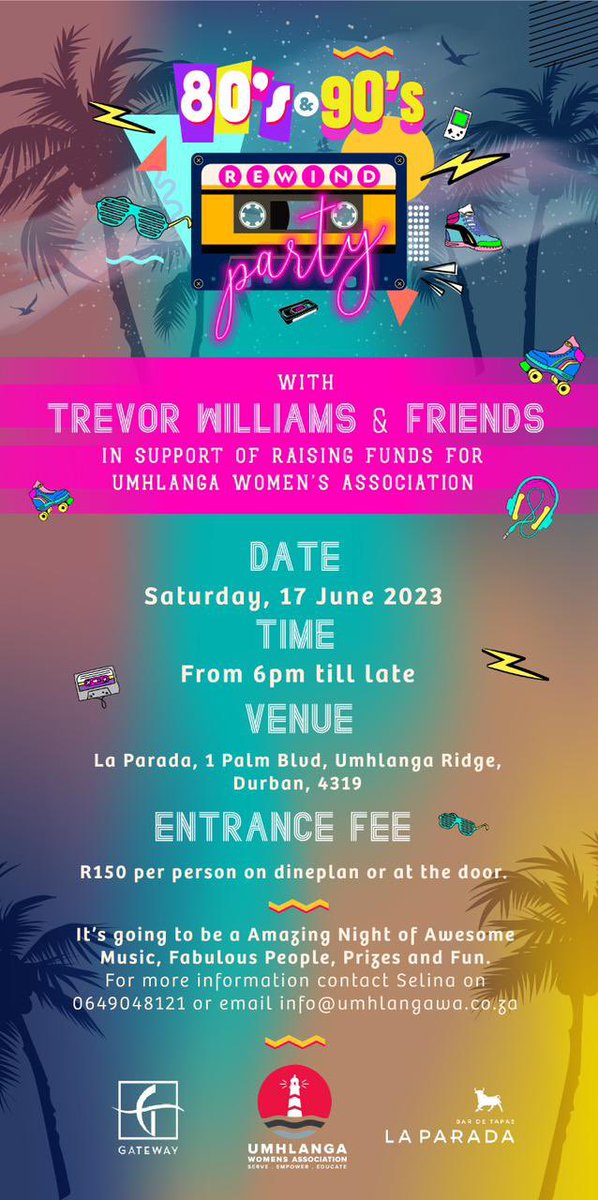 UmhlangaWA's tweet photo. Let’s take it back to the 80’s and 90’s 💃✨🕺

Join us for our Rewind Party at La Parada in aid of Fundraising on Saturday 17 June 2023 🤩

Tickets are available on Dineplan and at the Door 🙏🥳

For more information please contact Selina on 064 904 8121. https://t.co/fghtVeYol5