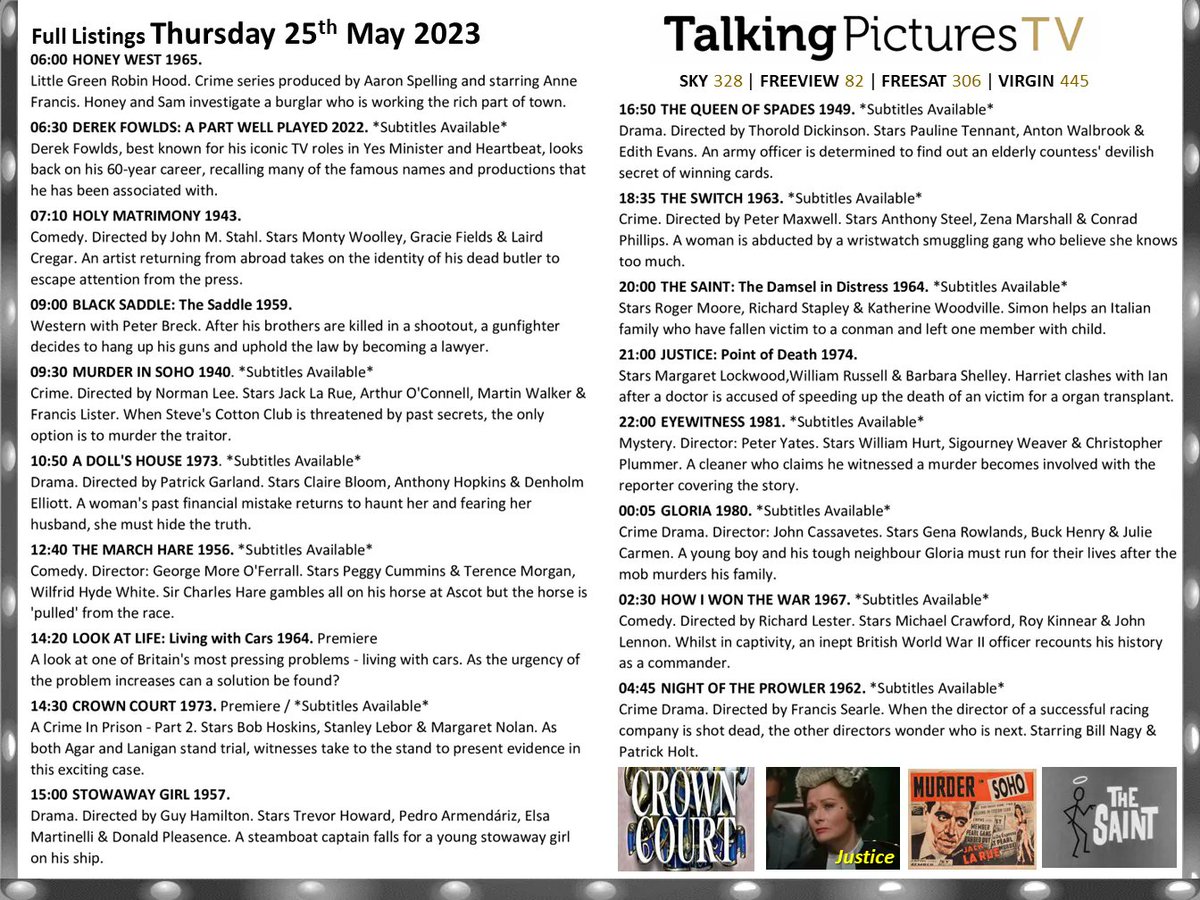 Full listings for today, Thursday 25th May on #TalkingPicturesTV