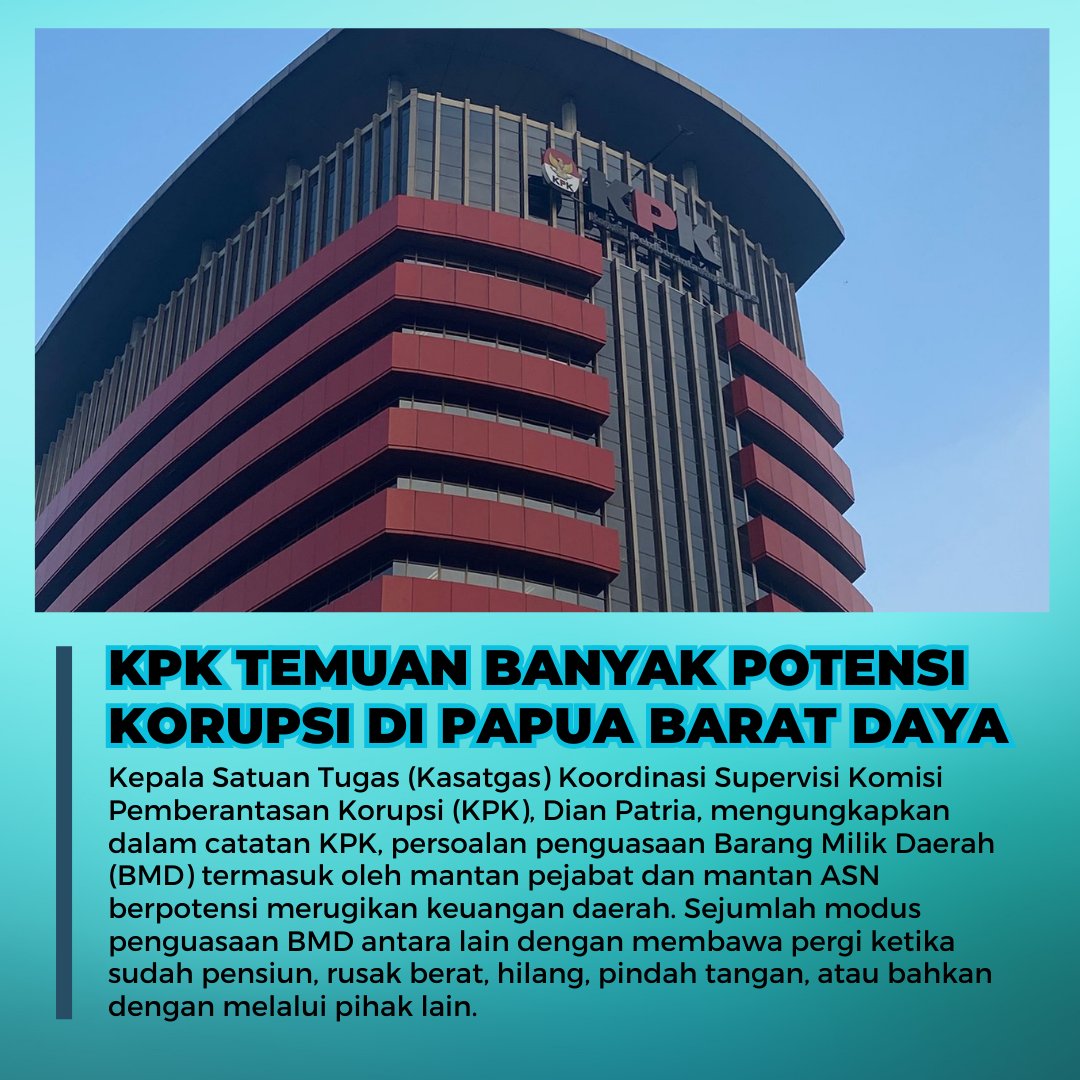 KPK temukan banyak potensi korupsi di Papua Barat Daya.
.
.
#Papua #PapuaAdalahKita #PapuaIndonesia #Papuadamai #PapuaBarat #PemekaranWilayah #OtsusPapua #DOBPapua #YukDukungPapuaDamai