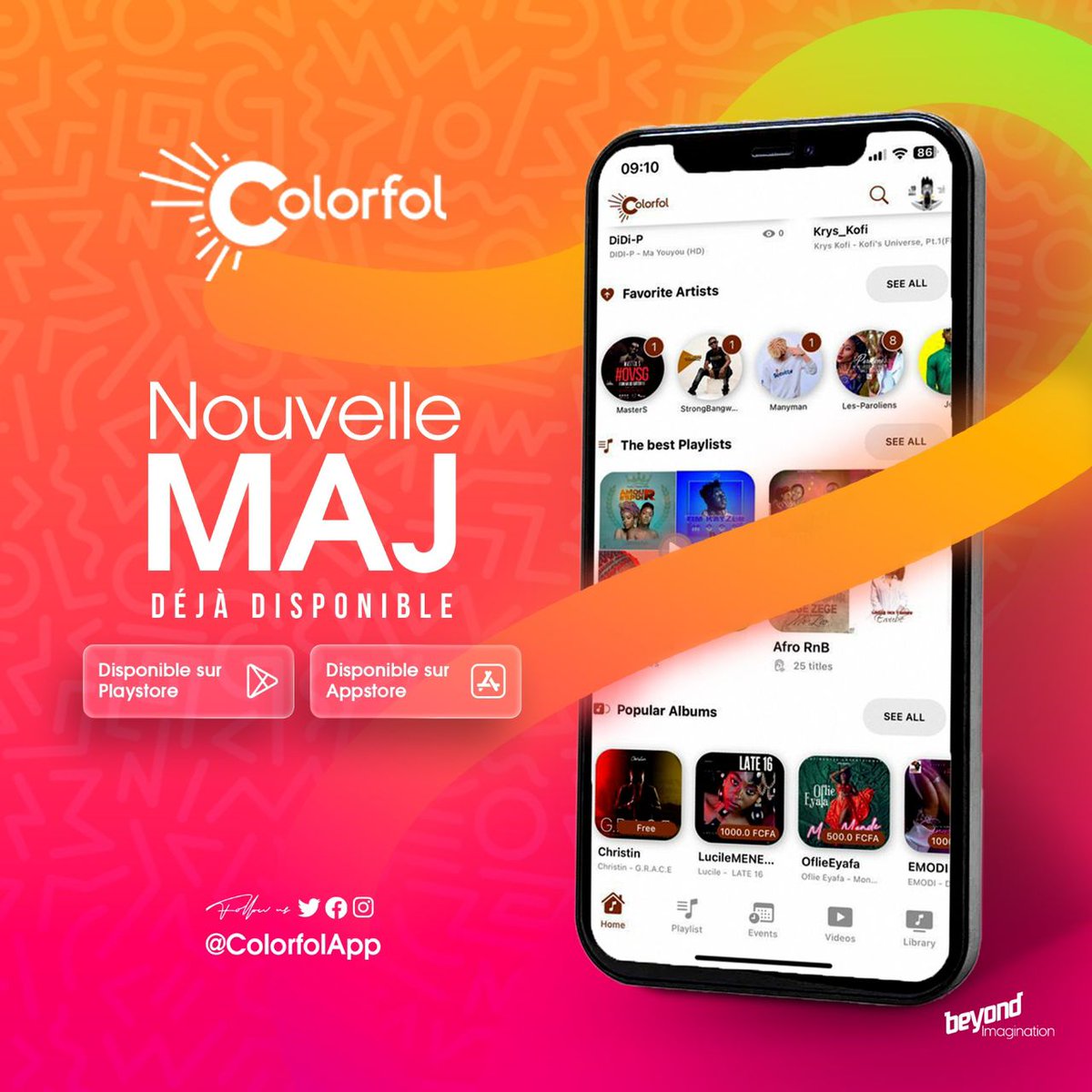 ColorfolApp's tweet photo. Hello Les #colorpeps 
Nous avons de nouvelles grosses mises à jour de la plateforme qui vont changer votre expérience utilisateur. 
-  Des nouvelles fonctionnalités : un catalogue musical africain fourni grâce aux grosses collaborations comme celle de @keyzit , @NuevoMundoA @LOGMusicEntert1 et bien d'autres.
- Un agenda évènementiel Toujours à jour.
- La vente des Albums et EP de plus en plus fonctionnelle

-  L’application est superposable, vous pouvez écouter la musique en étant sur d’autres applications. 
-  Les projets achetés sont téléchargeables dans l’espace de stockage de votre téléphone. Vous pouvez à présent  enregistrer dans une clé USB ou un  autre support. 

-  Les paiements (Mobile Money, Master Card, Visa…) sont fonctionnels, plus aucun Bug.
- Une Billetterie en ligne effective et fonctionnelle pour tous vos événements culturels (Concerts, Showcase, Spectacle...).

- De moins en moins de  Bug dans la Navigation de la plateforme.

Colorfol c’est chaque jour un pas  de plus et cela pour améliorer votre expérience musicale. 🔥

La musique a un vieux goût avec Colorfol App ❤️

#streaming  #colorfol #musiquedumonde #wearecolorfol  #Cameroun #Africa  #afrobeat  #afrobeatmusic