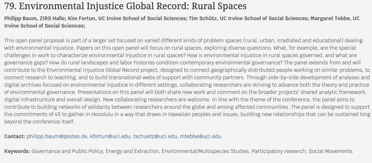 UCI EcoGovLab (@ecogovlab) on Twitter photo The EiJ Global Record are organising four panels at <a href="/4sWeb/">The Society for Social Studies of Science</a> #4S2023 on rural, urban, irradiated, and educational spaces:
Deadline: May 26, 2023
Abstract: min. 250 words
<a href="/kim_fortun/">Kim Fortun</a> <a href="/tmschtz/">Tim Schütz | @tschuetz@mstdn.social</a> <a href="/prernasrigyan/">Prerna Srigyan</a> <a href="/SAmisria/">Misria shaik ali</a> <a href="/WonyongPark89/">Wonyong Park</a> The EiJ Global Record are organising four panels at <a href="/4sWeb/">The Society for Social Studies of Science</a> #4S2023 on rural, urban, irradiated, and educational spaces:
Deadline: May 26, 2023
Abstract: min. 250 words
<a href="/kim_fortun/">Kim Fortun</a> <a href="/tmschtz/">Tim Schütz | @tschuetz@mstdn.social</a> <a href="/prernasrigyan/">Prerna Srigyan</a> <a href="/SAmisria/">Misria shaik ali</a> <a href="/WonyongPark89/">Wonyong Park</a>