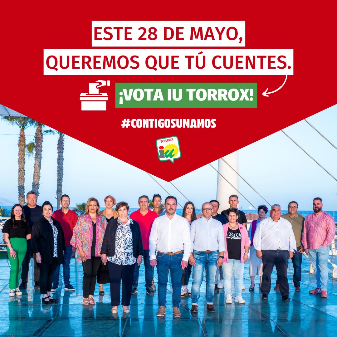 🔻 ¡Buenos días! Contamos con un gran grupo de hombres y mujeres dispuestos a luchar por nuestro pueblo, #Torrox 👉 izquierdaunidatorrox.org ✊

📆 Este 28 de mayo, queremos que TÚ cuentes.
#ContigoSumamos
📩 ¡Vota Izquierda Unida de Torrox!

#RafaBroncanoAlcalde #IUTorrox #28M