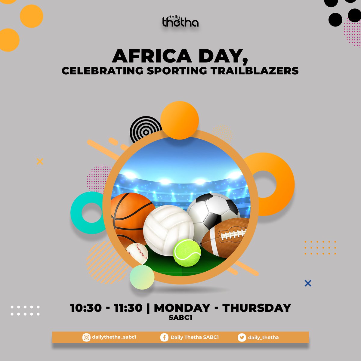 Today, we celebrate Africa Day with a focus on Sports Trailblazers.

In keeping with the theme of African brilliance, we celebrate the amazing milestones in sports.

What do the achievements mean and should we expect more from them?

We're live at 10:30 on SABC 1. #DailyThetha