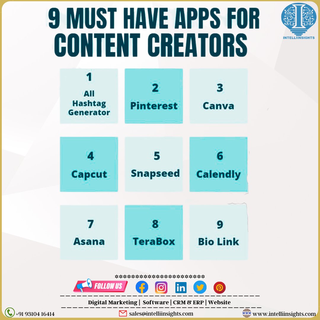 Here are 9 must-have APPS for content creation, take a look...

#intelliinsights #digitalmarketing #socialmediamarketing #instagrammarketing #contentcreationtips  #digitalmarketinglife #digitalmarketingstrategies #contentmarketing #contentcreation #contentdesign
