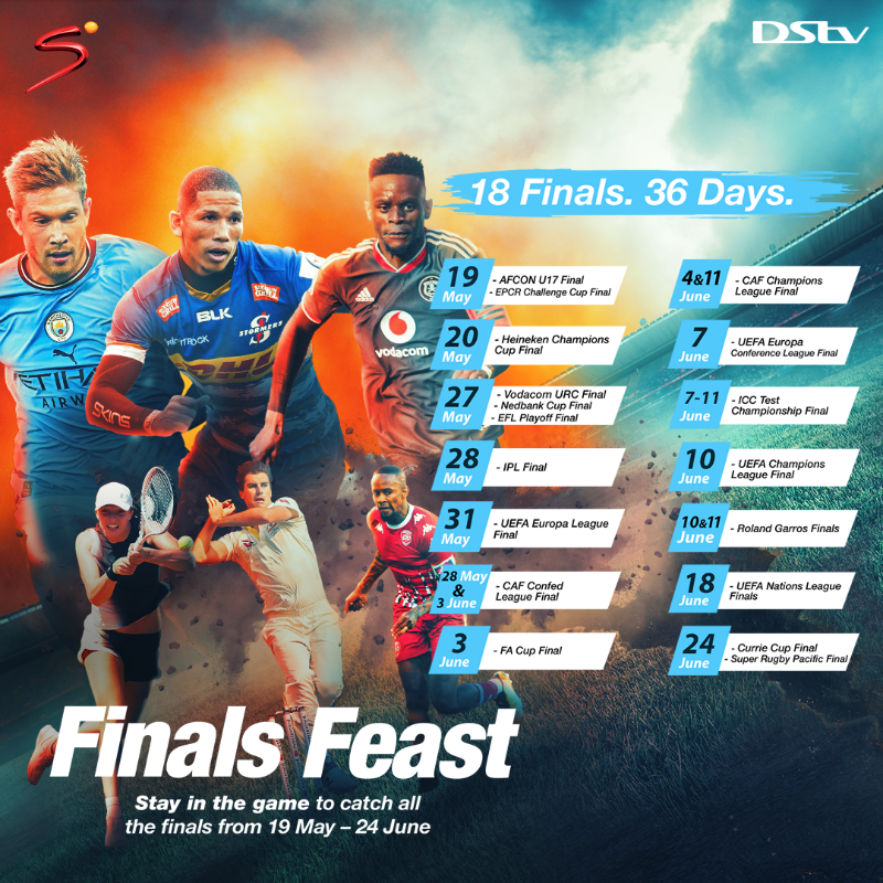 SuperSportTV's tweet photo. 18 finals in 36 days! Here's what's coming up over the next five weeks. Stay in the game with SuperSport 🍿🏆