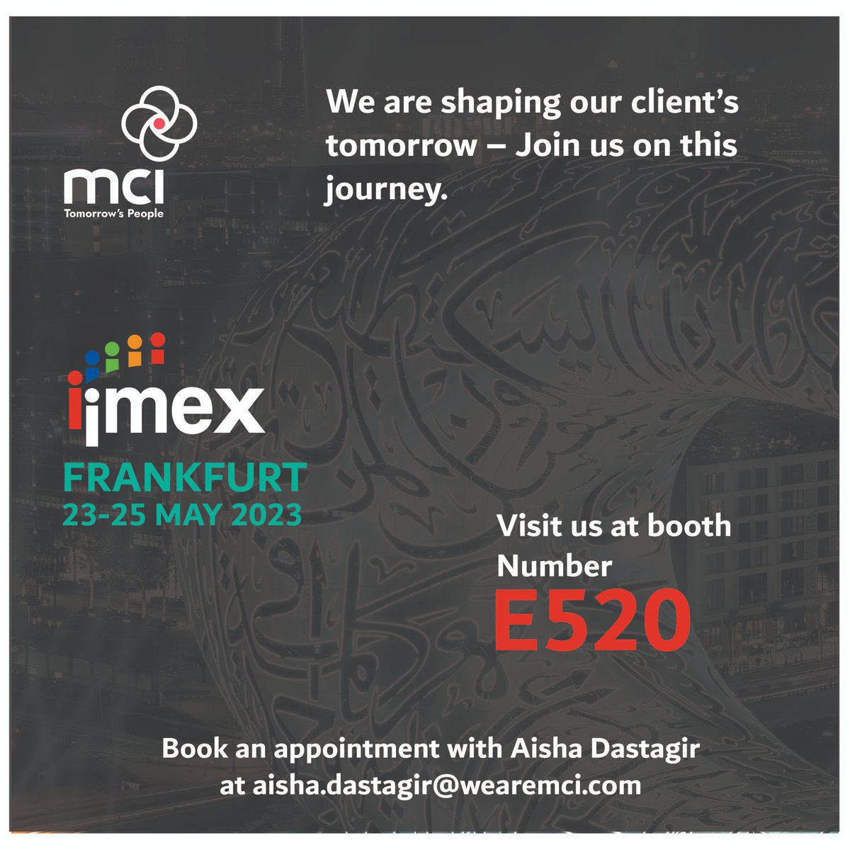 Don't miss out, it's the last day! 
Visit us at booth #E520 and discover how our innovative event solutions can make your next event a success!  
#IMEX #MCIME #MCIGroup #DestinationAbuDhabi #DCTAbuDhabi #MCImiddleeast #abudhabi #wecreateexperiences #eventmanagement #events #event