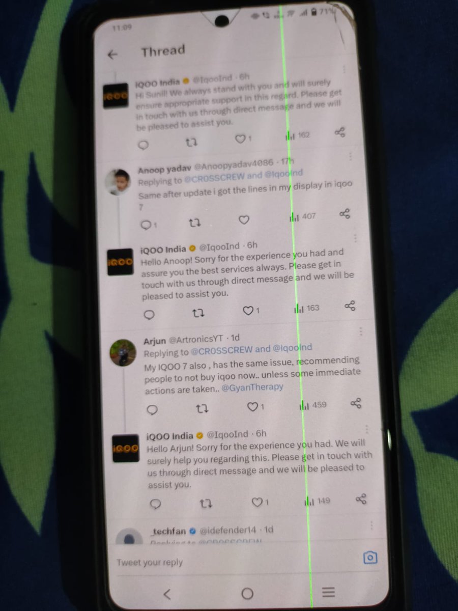 KaustabhMahant's tweet photo. @IqooInd green line issue in Iqoo 7. Device is not under warranty, but almost everyone is facing this issue. Screen replacement price is 6250rs, even when this issue is caused by your software update. Please help https://t.co/TS8qSMZz1f