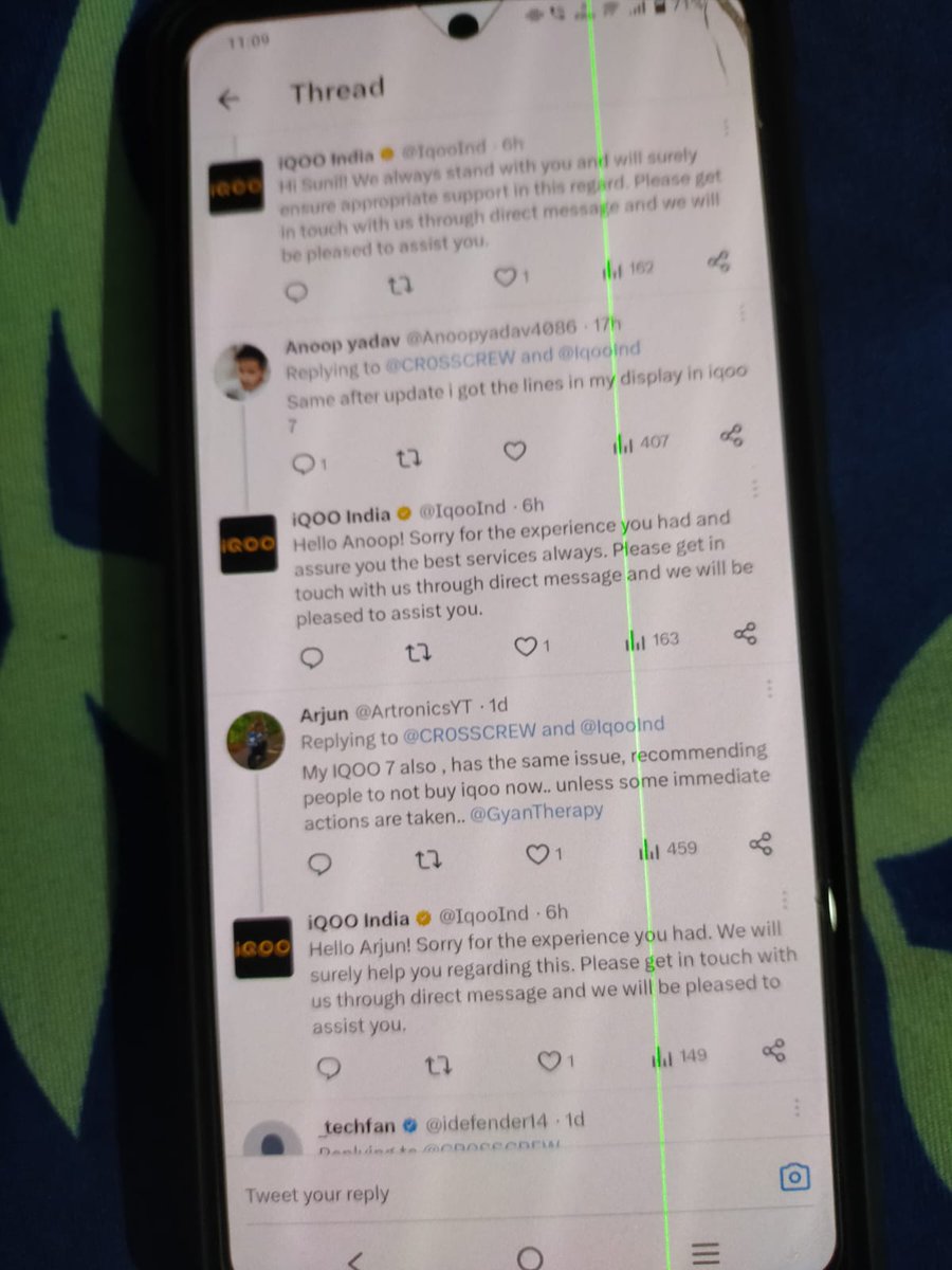 KaustabhMahant's tweet photo. @IqooInd green line issue in Iqoo 7. Device is not under warranty, but almost everyone is facing this issue. Screen replacement price is 6250rs, even when this issue is caused by your software update. Please help https://t.co/TS8qSMZz1f