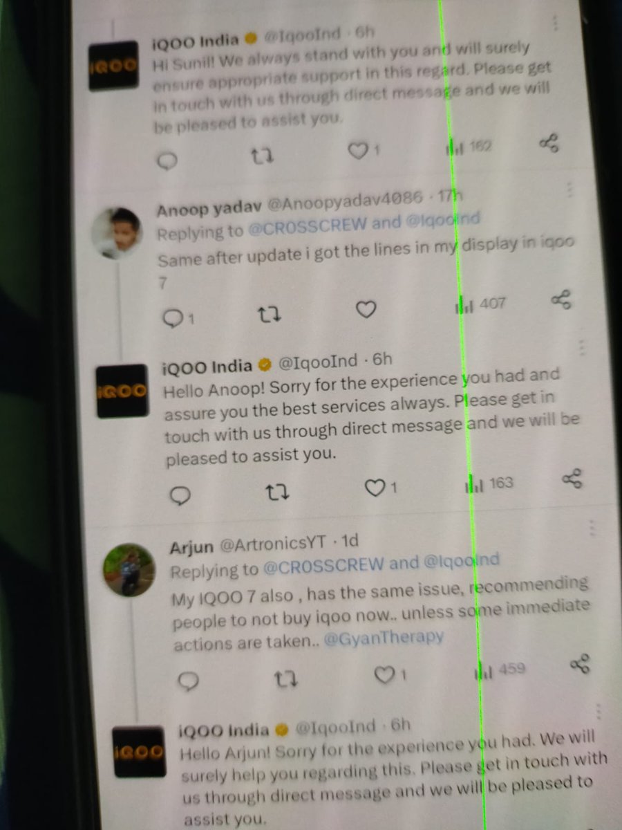 KaustabhMahant's tweet photo. @IqooInd green line issue in Iqoo 7. Device is not under warranty, but almost everyone is facing this issue. Screen replacement price is 6250rs, even when this issue is caused by your software update. Please help https://t.co/TS8qSMZz1f
