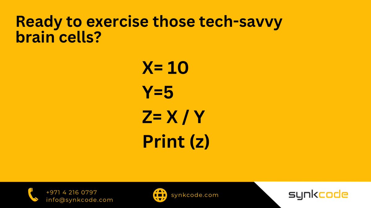 synkcode's tweet image. Time for a little IT brainiac test!🧠
Can you guess the answer? Let us know in the comments!
#softwaredeveloper #developer #developerquiz #itquiz #itservices #itserviceprovider #itconsultant #itservicedubai