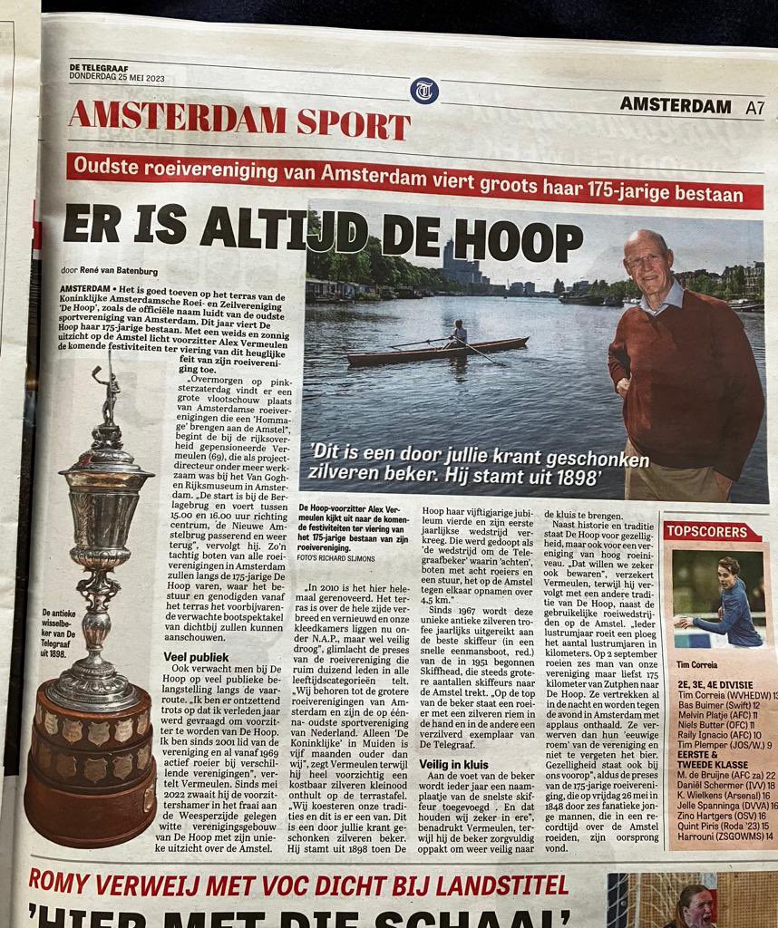 theojvandijk's tweet photo. In De Telegraaf. A.s. vrijdag 26 mei bestaat de Koninklijke Amsterdamsche Roei- en Zeilvereeniging ‘De Hoop’ 175 jaar. Daarvan ben ik al 37 jaar lid. 
Excellente combinatie van conditietraining, gezelligheid en netwerken op z’n tijd. #roeien #zeilen #dehoop #amsterdam #netwerken https://t.co/p8BVoYOrBx