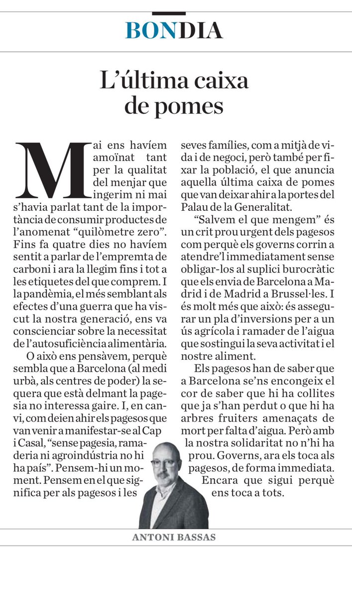 Afrucat's tweet photo. “Ara toca als pagesos. Ara ens toca a tots”
📍 Un article d’agrair, que traspua sensibilitat envers la realitat agro del nostre país
@antonibassas 👏

#salvemelquemengem #lanostrafruita #manifestdelgranurgell @uniopagesos @coopagrariesCAT @JARC_COAG @asajalleida @pagesosoconills https://t.co/MmnKA2qK4O