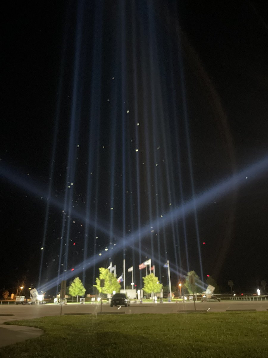 in Uvalde, Tx; there are several events today for the anniversary of the 21 children and women who lost their lives on that faithful day. Nasa brought over 21 spotlights. 19, for the children,and  two big ones for the adults who passed #uvaldeanniversary  #Uvalde #RobbElementary