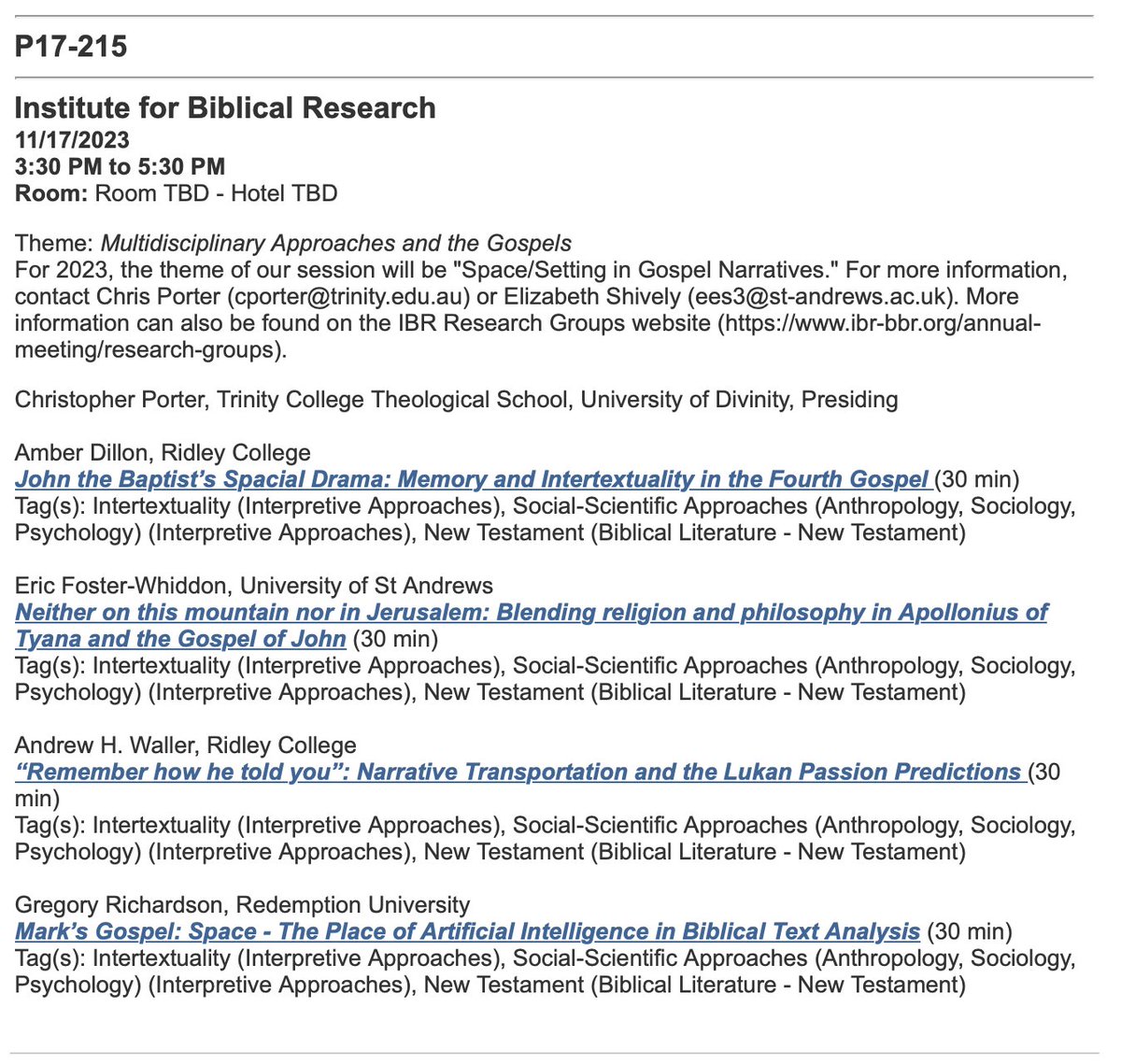 With everyone else posting their SBL papers, let me post to say that I am really looking forward to this little series of papers in Multidisciplinary Approaches this year.