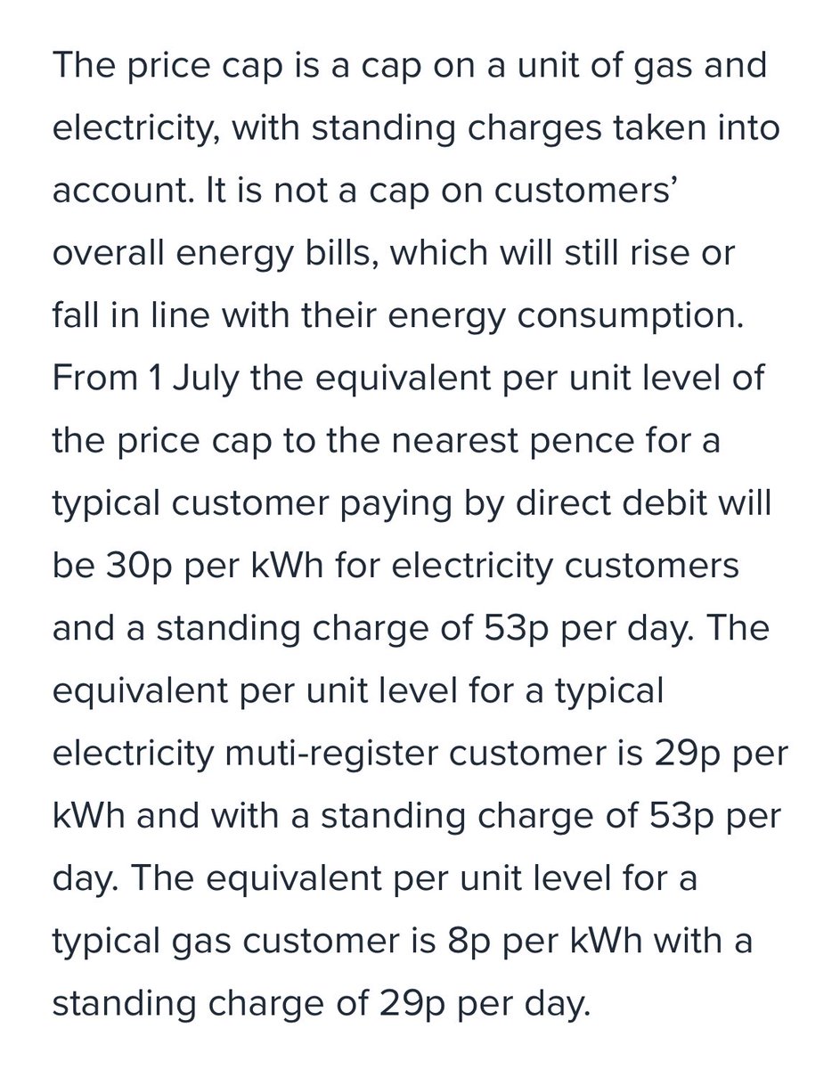 Good news regarding @ofgem #EnergyPriceCap . But it’s taken me 5 minutes of wading through vague “typical household bill” waffle to find the important part, the actual unit cost;
30p kWh electricity 53p SC
8p kWh gas 29p SC