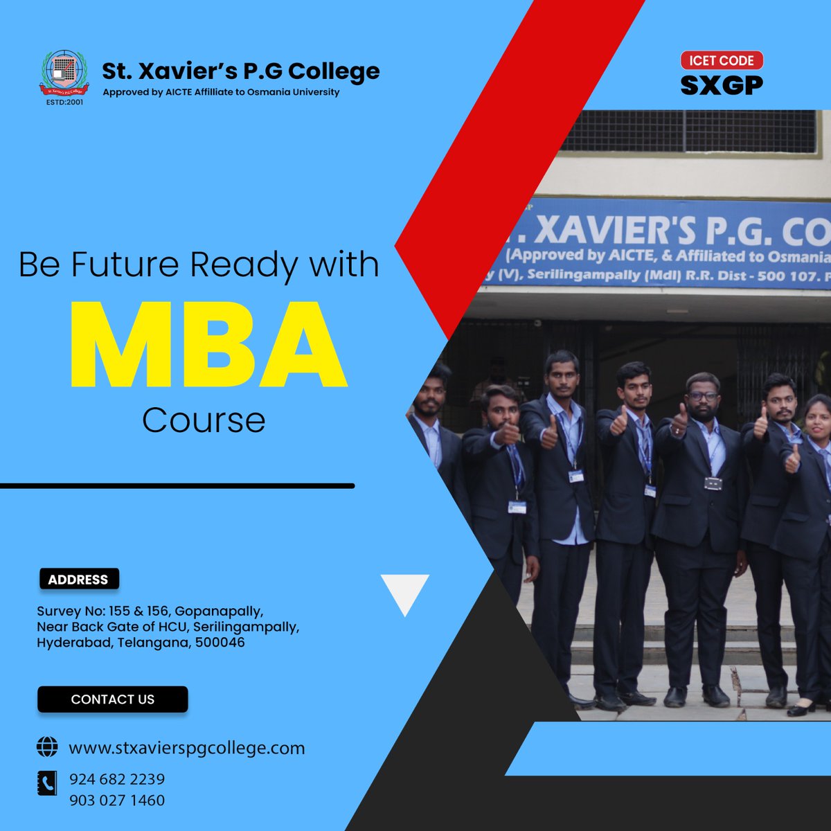 Embark on the journey to excellence with St.xaviers PG College 
#stxavierspgcollege #mbahyderabad #admissionopen #admission2023_24  #mbaadmission #hyderabad #hyderabadstudent
#pgcollege #mba #telangana #marketing #hr #mbamarketing #mbafinance
#MBAProgramme #mbacollege