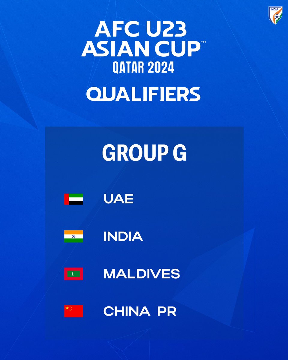 🇮🇳 is drawn in Group G along with China PR 🇨🇳 , Maldives 🇲🇻 and UAE 🇦🇪 

#IndianFootball ⚽️ fans, what do you make of our group for the AFC U23 Asian Cup Qatar 2024 Qualifiers? 🤔

 #AFCU23 🏆 @afcasiancup