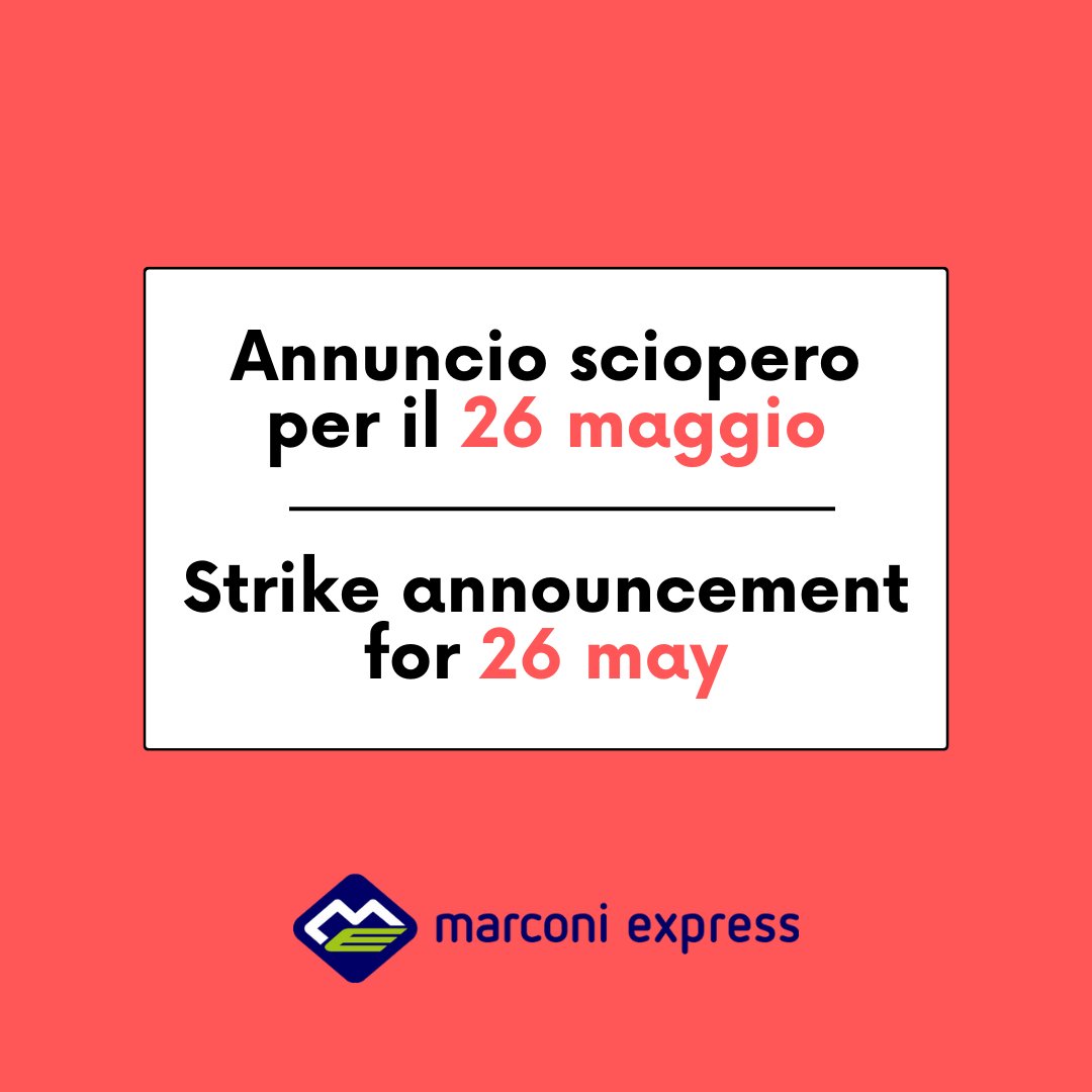 🔴 Annuncio sciopero per venerdì 26 maggio
🔴 Strike announcement for Friday 26th May

Read more ➡️ marconiexpress.it/annuncio-sciop…