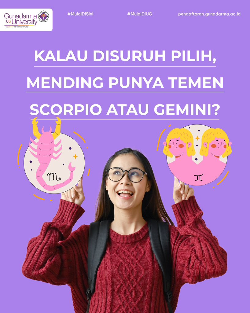 mulaidiUG's tweet photo. Sebuah apresiasi di bulannya Scorpio dan Gemini, nih. Kira-kira siapa yang bakal kalian jadi bestie kalian? Scorpio atau Gemini, dan kenapa? 😆

#MulaiCeritamu #PMBGunadarma #UG #UniversitasGunadarma https://t.co/lljdlLe6Oi