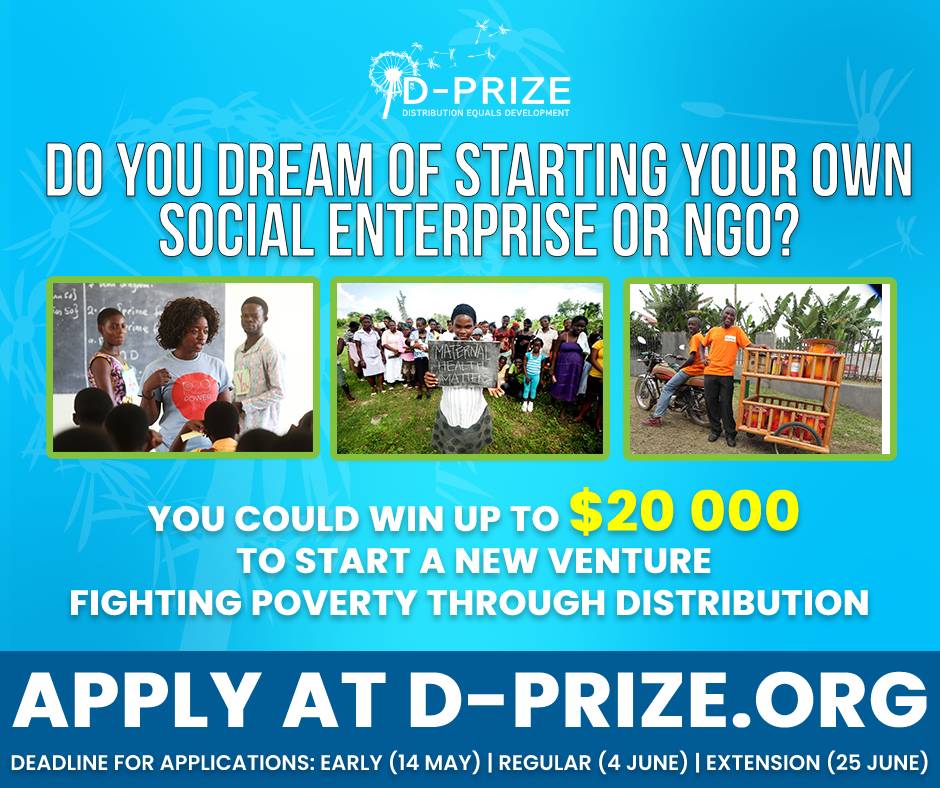 ● Calling bold problem solvers and aspiring social entrepreneurs! <a href="/thedprize/">D-Prize</a> Global Competition is LIVE. Apply for up to $20K to launch a new social venture distributing proven interventions to the last mile by 4 June. d-prize.org 
#SocEnt