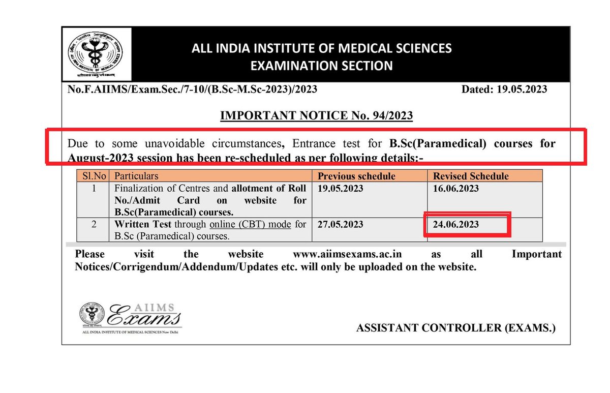 NeetUpdate's tweet photo. AIIMS https://t.co/XvZs10Qv3K(Paramedical) 2023
Due to some unavoidable circumstances, the Entrance test for https://t.co/XvZs10Qv3K(Paramedical) courses for the August-2023 session has been re-scheduled
#aiims 
#aiimsdelhi https://t.co/YWqLIk5Q65